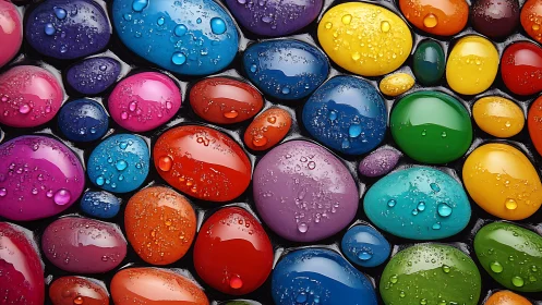 Wet multicolored pebbles forming dense surface pattern.