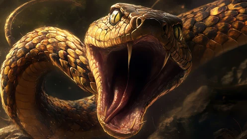 Hyperreal coiled viper in strike posture with exposed fangs