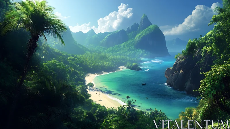 Tropical Island Paradise with Emerald Waters and Dramatic Volcanic Peaks.