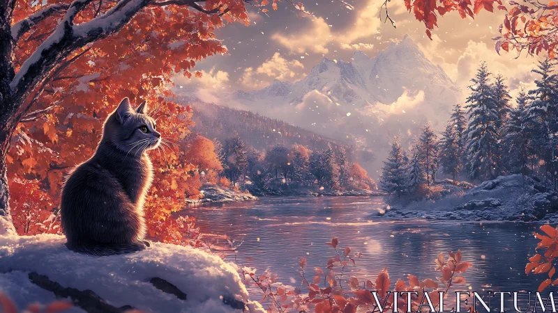Cat observes autumn river under snowlit alpine mountains