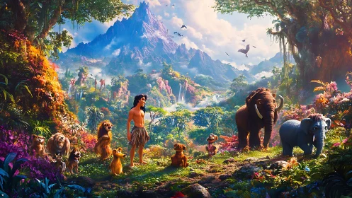 Digital rendering depicting human figure and fauna in mountainous valley landscape.