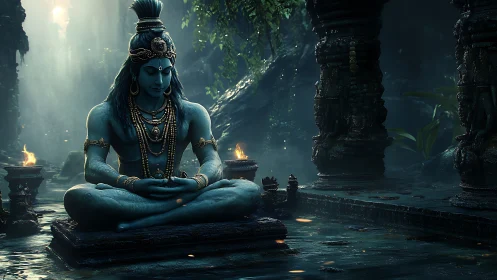 Serene blue deity meditates in misty jungle temple at dusk.