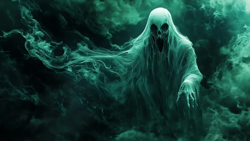 Ghostly wraith drifting through emerald misty darkness.