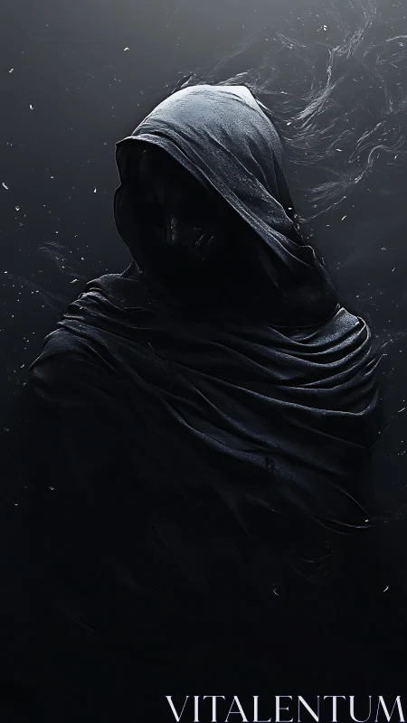 Shrouded hooded figure quietly emerging from swirling shadows