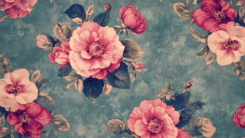 Vintage Floral Textile with Pink Roses on Teal Background.