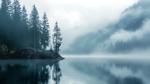 Misty conifer forest reflected on tranquil mountain lake.