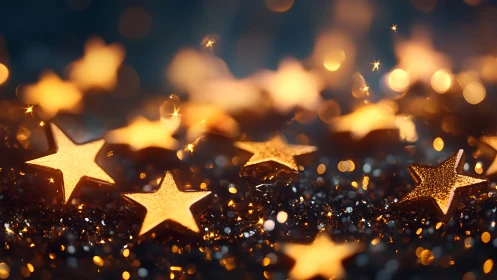 Golden five-pointed star shapes on glittering surface.
