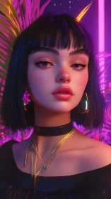 Neon-lit digital portrait of stylish girl with short hair.