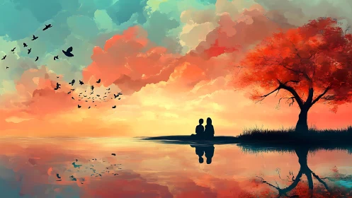 Digital painting sunset shoreline with silhouetted couple and tree.