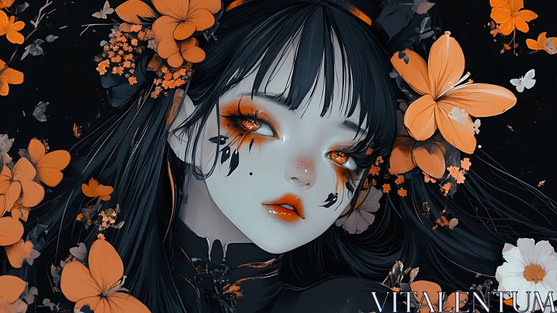 Monochrome-eyed girl framed by orange butterflies and petals.