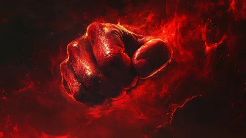 Closed human fist is rendered in red luminous digital form