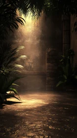 Golden light pours into a secluded ancient jungle courtyard