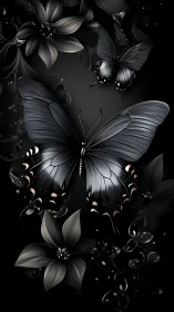 Black butterflies with monochrome flowers on dark background.