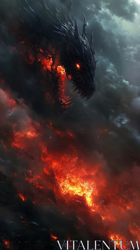 Volcanic inferno with molten fire dragon emerging from storm
