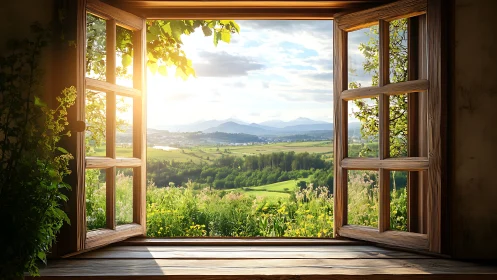 Sunlit valley windowframe pouring spring into a quiet room.