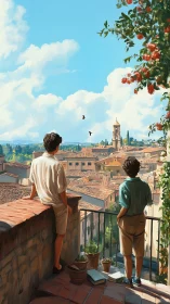 Two friends quietly overlook a sunlit Italian hillside town