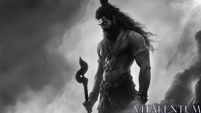 Storm-wreathed ascetic studies the mountains before dawn