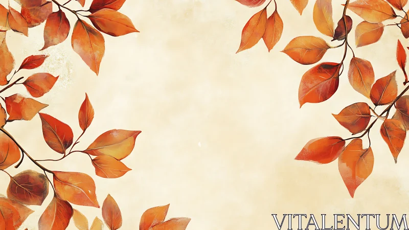 Autumn branches frame with orange leaves on beige background.