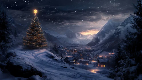 Large lit tree above snowy village in mountain valley at night.