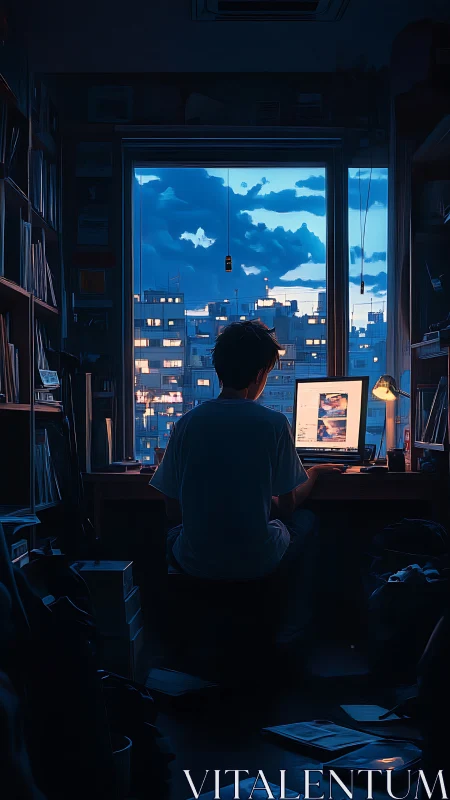Backlit workstation overlooks blue-hour skyline in high contrast