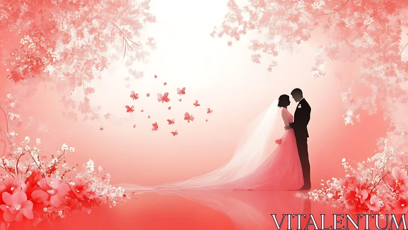Blossom-kissed silhouettes trade vows in a rosy dreamscape