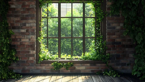 Sunlit ivy window where brick and wild garden collide.