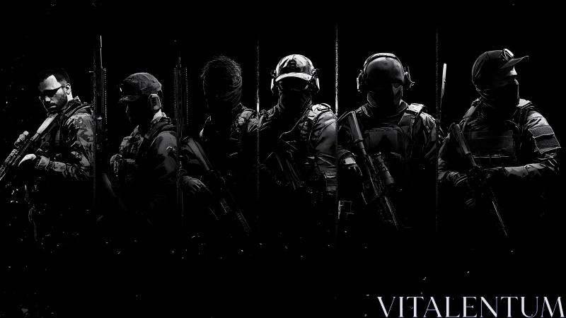 Tactical operator lineup in monochrome digital painting style.