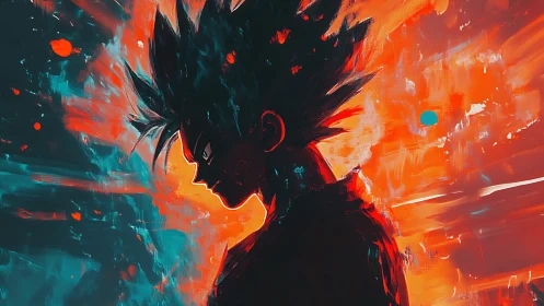 Silhouetted spiky-haired figure against abstract color field.