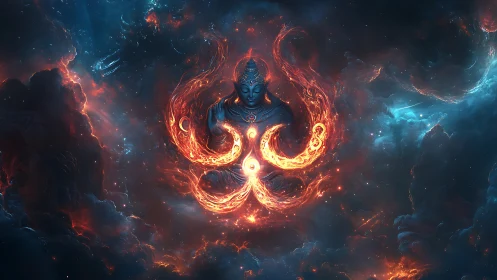 Celestial figure in luminous nebula with symmetrical fire forms