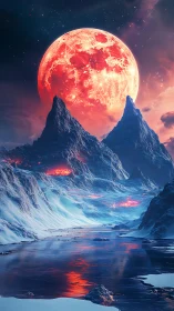 Crimson supermoon rises over icy volcanic mountain valley