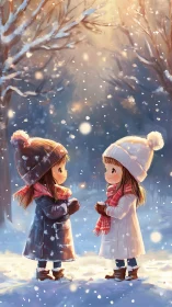 Winter twilight scene with two bundled children facing each other