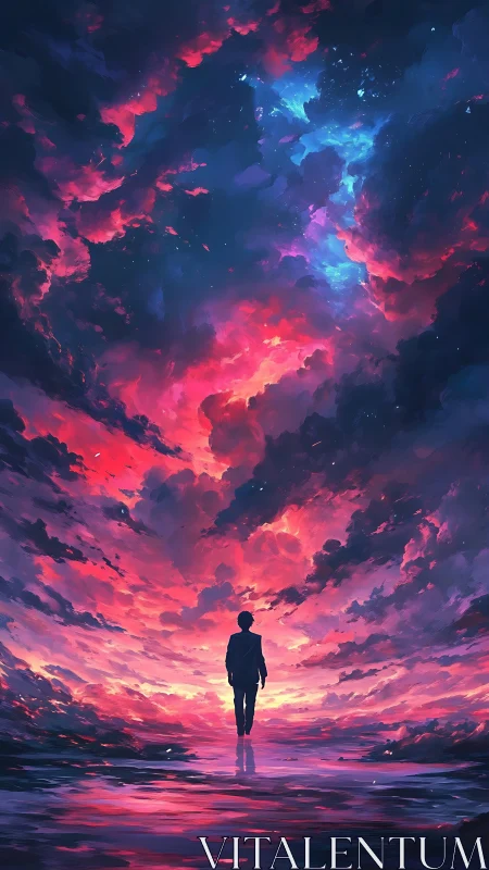 Lone figure walks into a neon storm of cosmic twilight skies