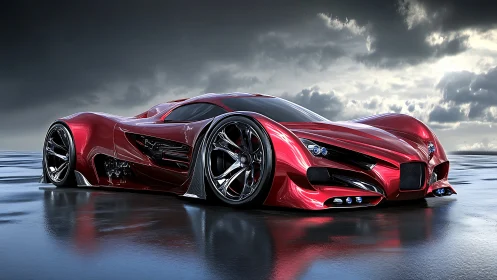 Futuristic red hypercar slices across a wet reflective runway