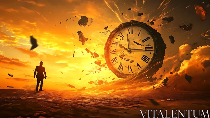 Wanderer Confronts Exploding Sunset Clock In Fiery Skies.