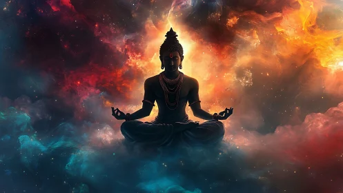 Meditating Buddha silhouette centered in high-contrast cosmic nebula