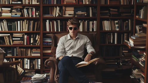 Young reader in leather armchair amid dense, floor‑to‑ceiling bookshelves
