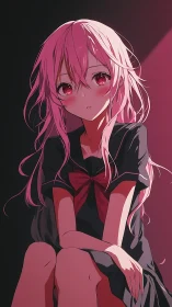 Anime portrait in chiaroscuro lighting with crimson accent bow.