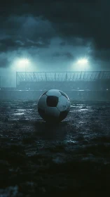 Nocturnal football on rain-slick pitch under stadium floodlights.