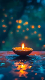 Single oil diya flame with shallow depth and bokeh light scattering