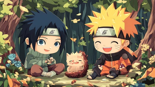 Tiny ninja legends trade snacks beneath whispering leaves