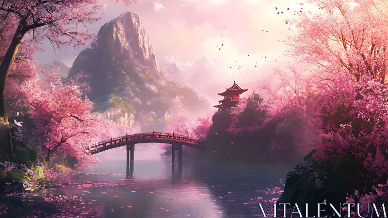 Cherry blossom valley with red bridge and distant pagoda