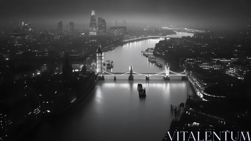 Fog-kissed London river lights cradle a dreaming bridge.