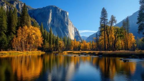 Golden river hush beneath granite autumn guardians.