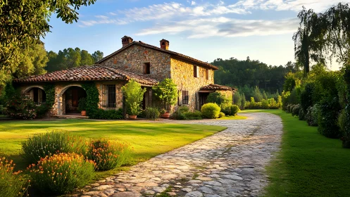 Sunlit stone farmhouse along a winding garden lane.