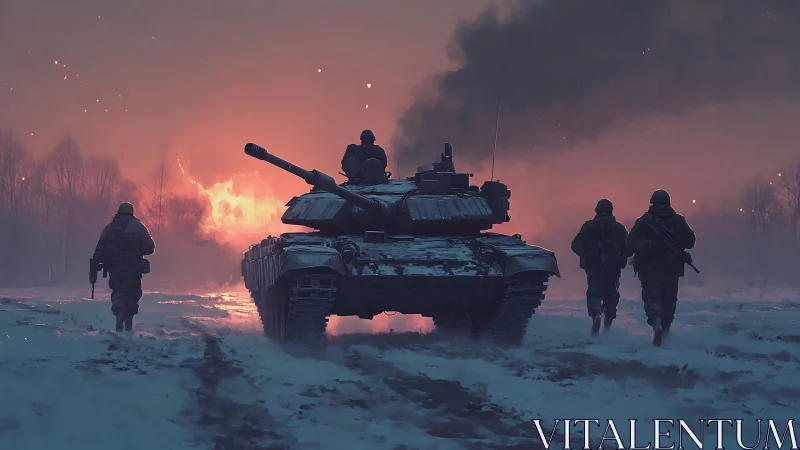 Armored tank advances through burning winter battlefield at dusk