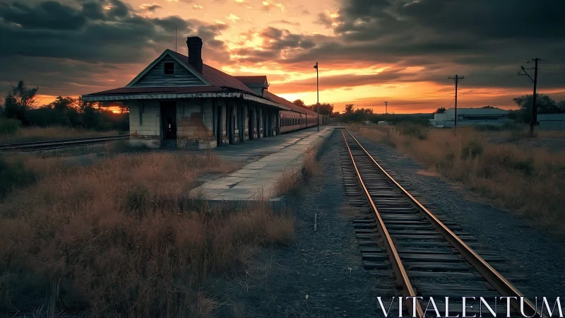 Sunset drapes an abandoned railway station in quiet ember light.