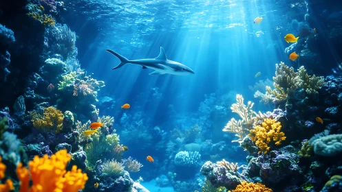 Sunlit reef kingdom with a gliding shark and bright fish.
