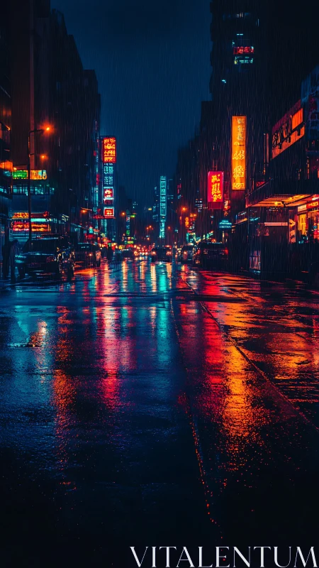 Cyberpunk rain-soaked street with neon reflection symmetry.