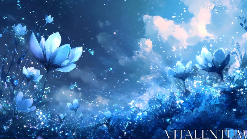Dreamy blue blossoms glowing softly under starlit sky.