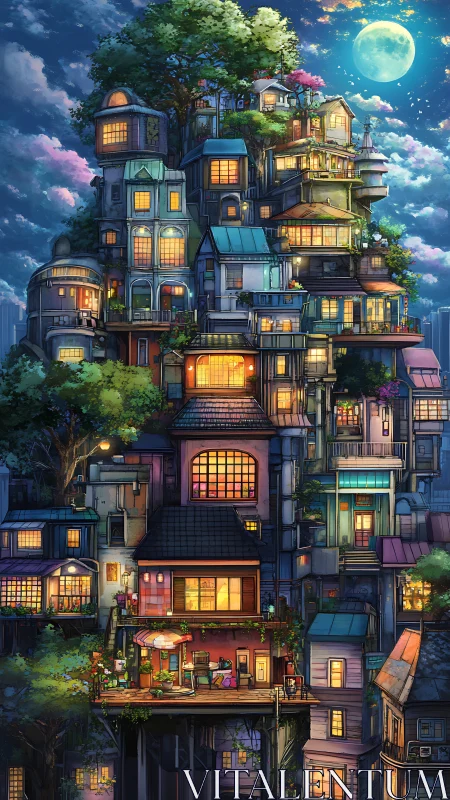 Tiered moonlit treehouse city glows with stacked homes